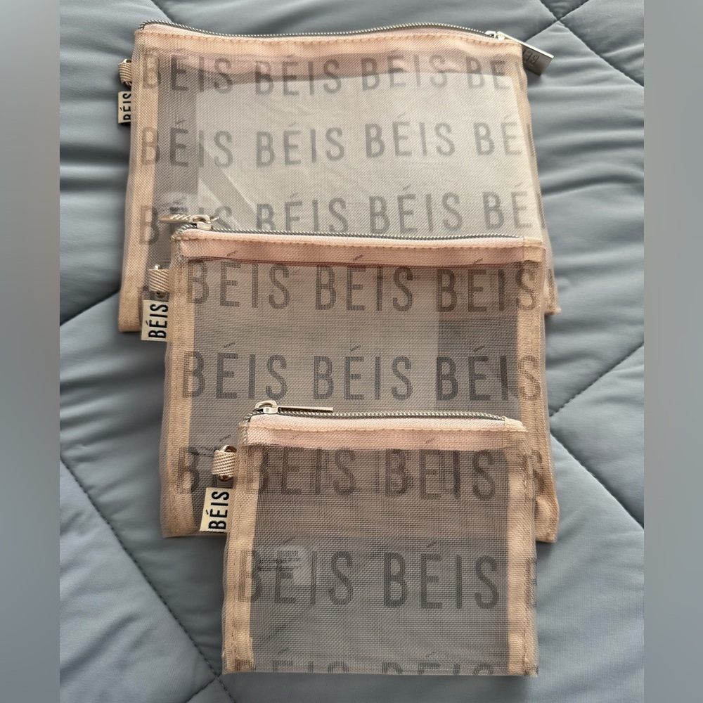 BEIS Mesh Zip Pouch Set in Blush Pink